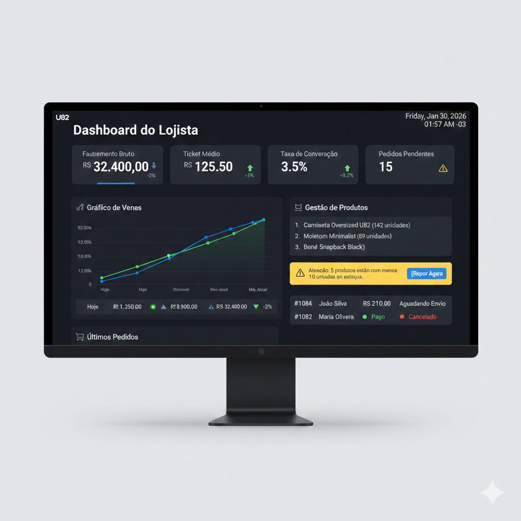 Dashboard do lojista no U82 Já mostrando vendas, produtos e métricas